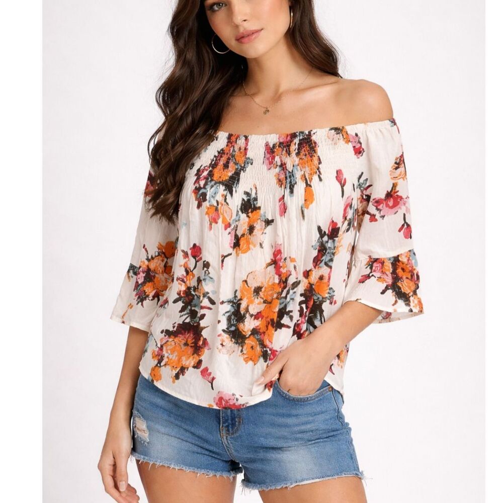 Altar'd State Boho Floral Off-The-Shoulder Blouse Size Small 3/4 Bell Sleeve